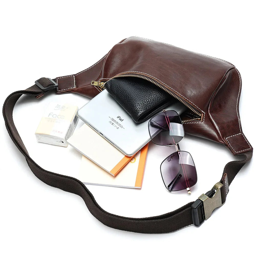 Cow Leather Waist Fanny Pack for Men Hiking Running Travel Chest Shoulder Belt Bag with YKK Metal Zipper New