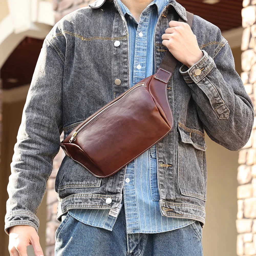 Cow Leather Waist Fanny Pack for Men Hiking Running Travel Chest Shoulder Belt Bag with YKK Metal Zipper New