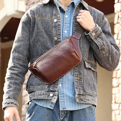Cow Leather Waist Fanny Pack for Men Hiking Running Travel Chest Shoulder Belt Bag with YKK Metal Zipper New