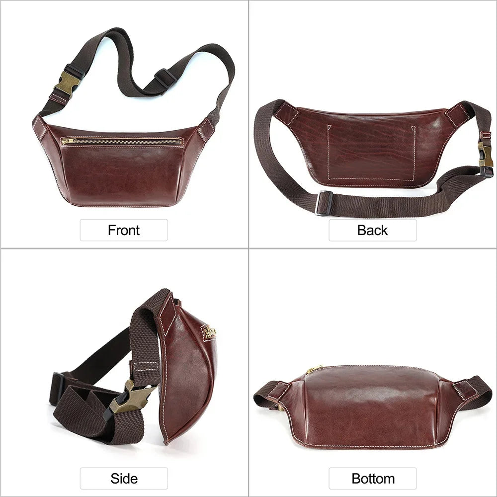 Cow Leather Waist Fanny Pack for Men Hiking Running Travel Chest Shoulder Belt Bag with YKK Metal Zipper New
