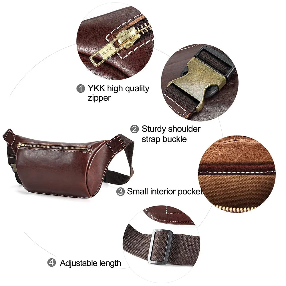 Cow Leather Waist Fanny Pack for Men Hiking Running Travel Chest Shoulder Belt Bag with YKK Metal Zipper New