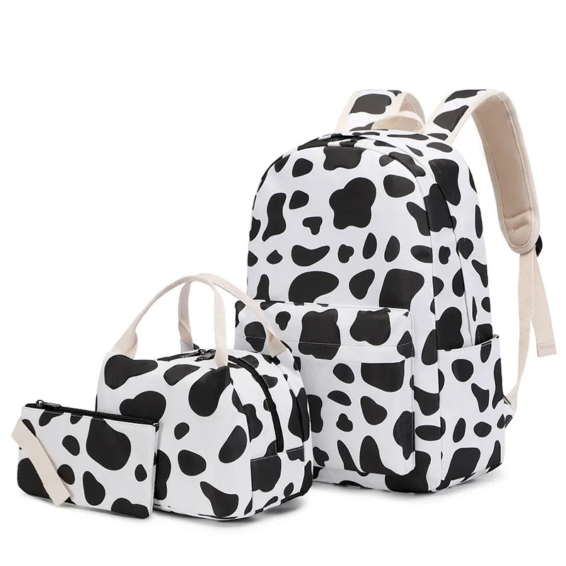 Cow Print 3pcs Sets Children School Backpack Kawaii Women  Bookbag Laptop Bag For Teens Girls Mochilas 2023 Students Totes Sac