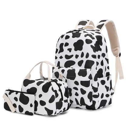 Cow Print 3pcs Sets Children School Backpack Kawaii Women  Bookbag Laptop Bag For Teens Girls Mochilas 2023 Students Totes Sac