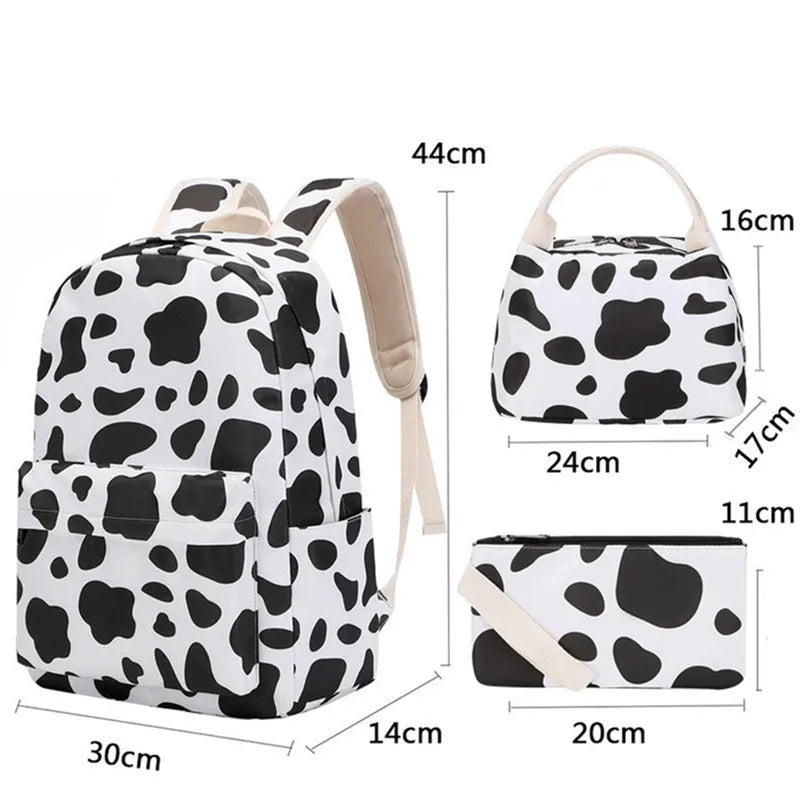 Cow Print 3pcs Sets Children School Backpack Kawaii Women  Bookbag Laptop Bag For Teens Girls Mochilas 2023 Students Totes Sac