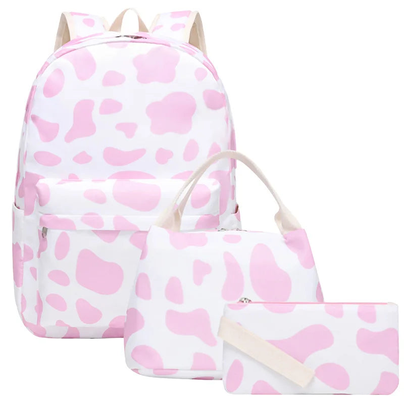 Cow Print 3pcs Sets Children School Backpack Kawaii Women  Bookbag Laptop Bag For Teens Girls Mochilas 2023 Students Totes Sac