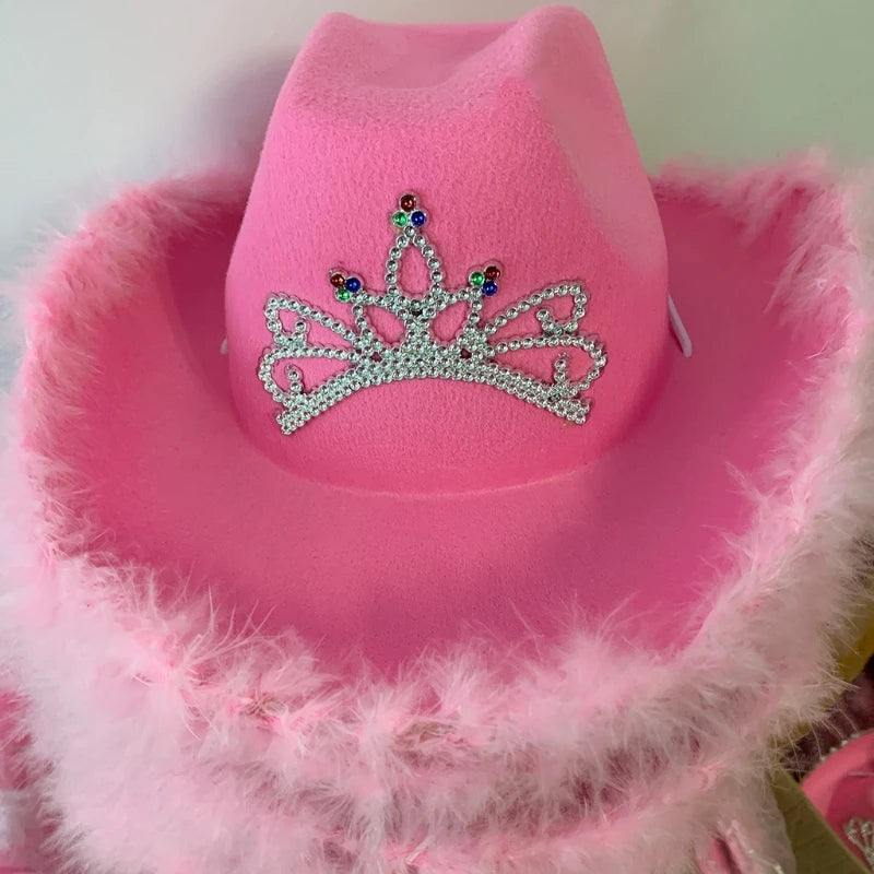 Cowgirl Hat in Pink with Feather Made Selvege Wool Felt Fedora Tiara Decorated