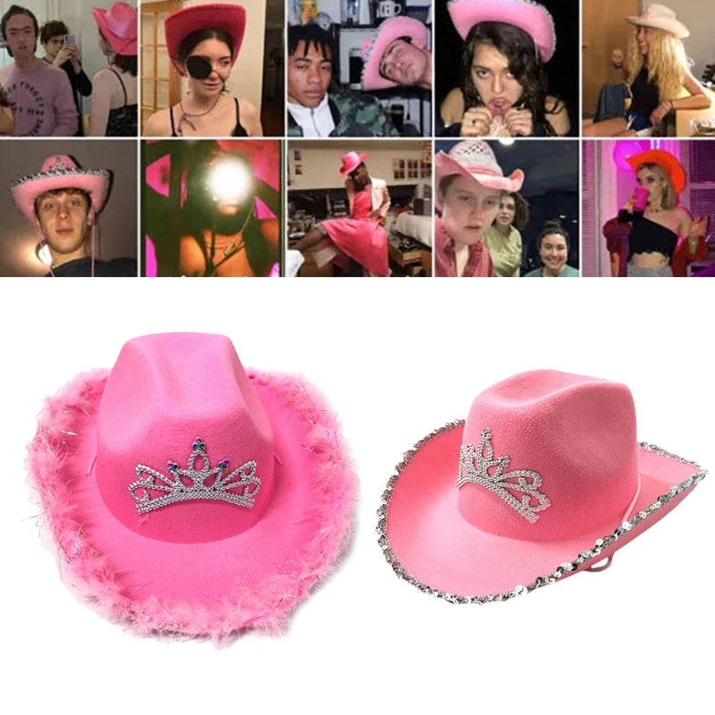 Cowgirl Hat in Pink with Feather Made Selvege Wool Felt Fedora Tiara Decorated