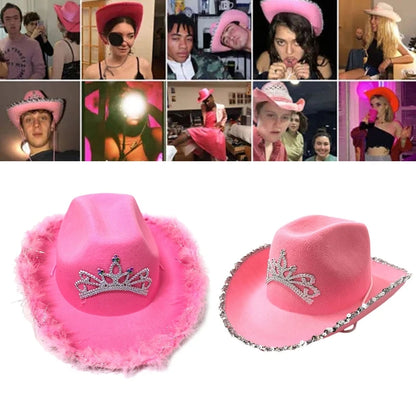 Cowgirl Hat in Pink with Feather Made Selvege Wool Felt Fedora Tiara Decorated