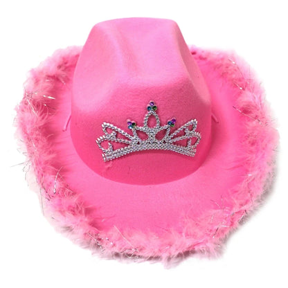 Cowgirl Hat in Pink with Feather Made Selvege Wool Felt Fedora Tiara Decorated