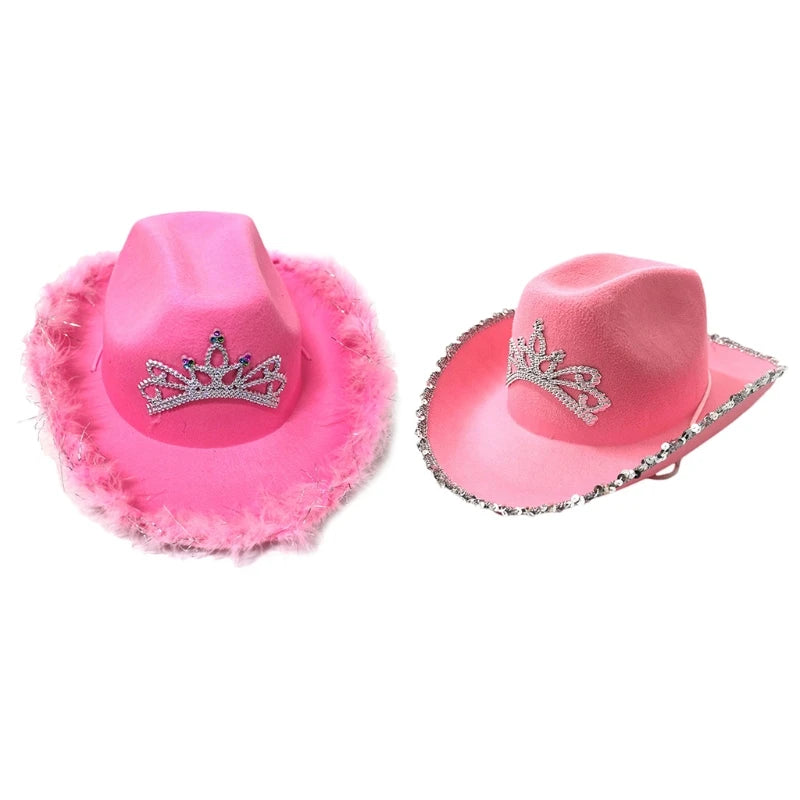 Cowgirl Hat in Pink with Feather Made Selvege Wool Felt Fedora Tiara Decorated
