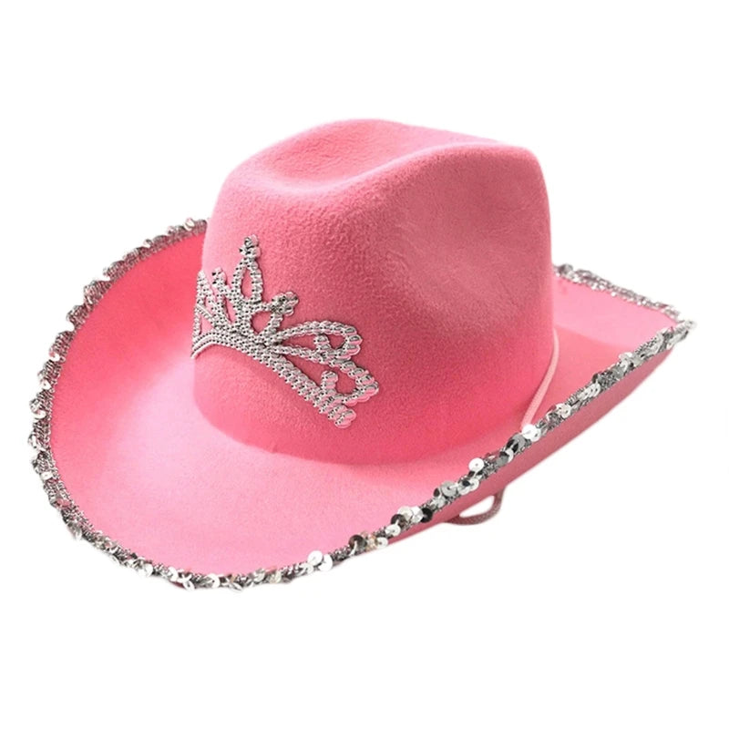 Cowgirl Hat in Pink with Feather Made Selvege Wool Felt Fedora Tiara Decorated