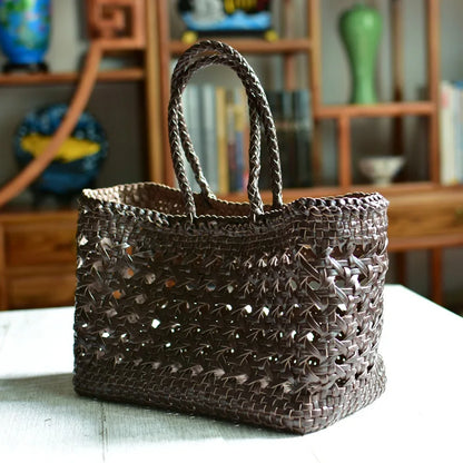 Cowhide Hollow Out Basket Bag Seaside Beach Vacation Casual Tote Handbags Large Capacity Practical Purses Clutch Fashion Bolsas