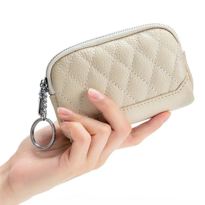 Cowhide Mini Purse Keychain Coin Genuine Leather Double Zipper Storage Bag