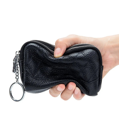 Cowhide Mini Purse Keychain Coin Genuine Leather Double Zipper Storage Bag
