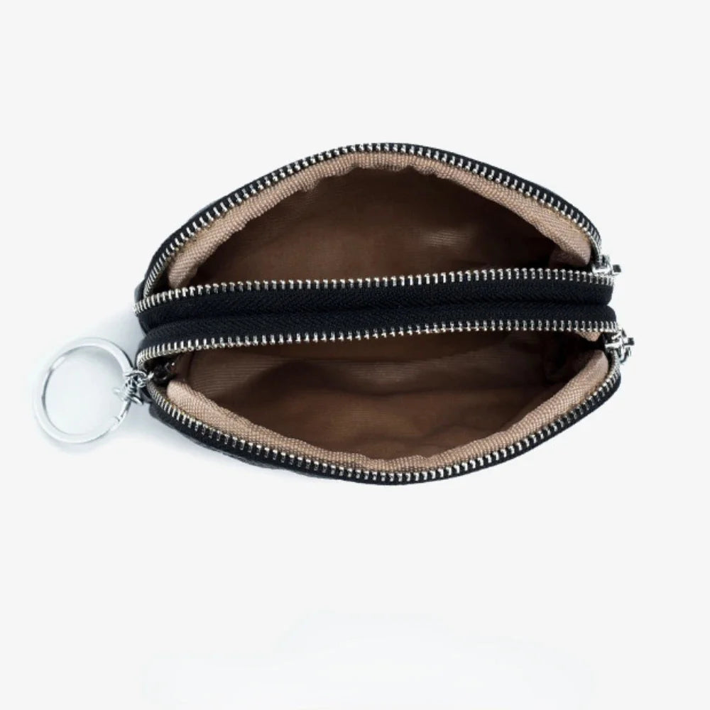 Cowhide Mini Purse Keychain Coin Genuine Leather Double Zipper Storage Bag