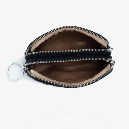 Cowhide Mini Purse Keychain Coin Genuine Leather Double Zipper Storage Bag