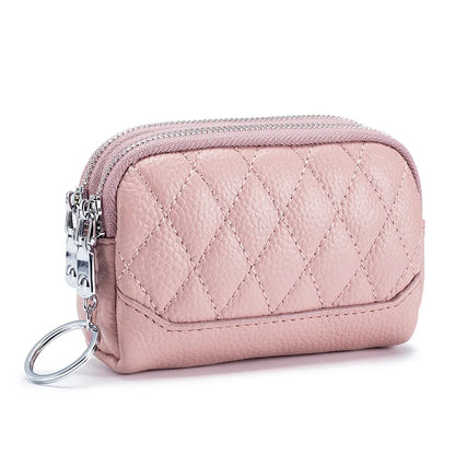 Cowhide Mini Purse Keychain Coin Genuine Leather Double Zipper Storage Bag