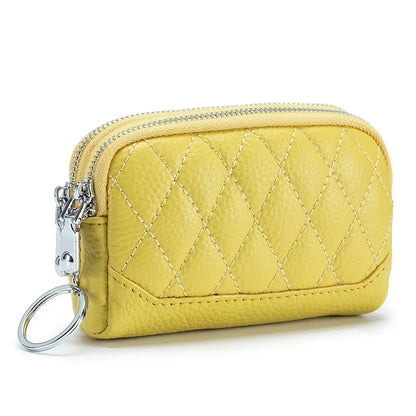 Cowhide Mini Purse Keychain Coin Genuine Leather Double Zipper Storage Bag
