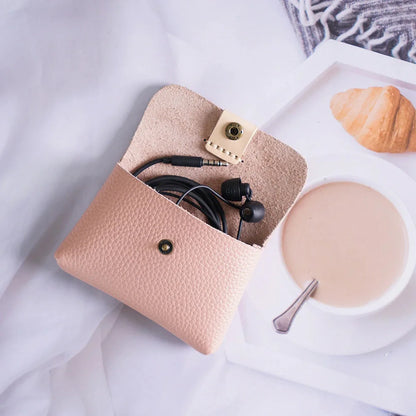 Cowhide Purse Mini Handmade Card Coin Data Cable Headphone Storage Bag