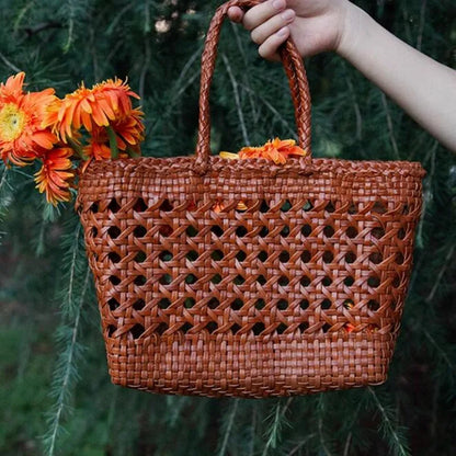 Cowhide Tote Bag Hand woven basket bag100% Genuine Leather Hollowed Woven Shoulder Bag Woven Inside Bag Vintage Shopping Bag