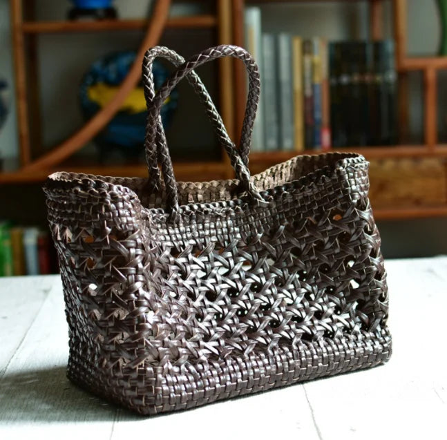 Cowhide Tote Bag Hand woven basket bag100% Genuine Leather Hollowed Woven Shoulder Bag Woven Inside Bag Vintage Shopping Bag