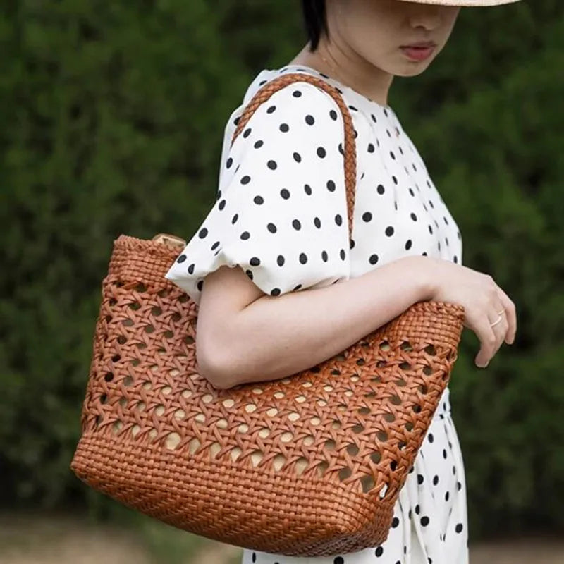 Cowhide Tote Bag Hand woven basket bag100% Genuine Leather Hollowed Woven Shoulder Bag Woven Inside Bag Vintage Shopping Bag