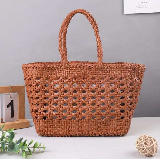 Cowhide Tote Bag Hand woven basket bag100% Genuine Leather Hollowed Woven Shoulder Bag Woven Inside Bag Vintage Shopping Bag