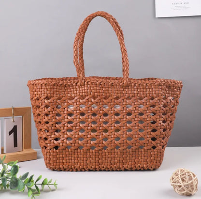 Cowhide Tote Bag Hand woven basket bag100% Genuine Leather Hollowed Woven Shoulder Bag Woven Inside Bag Vintage Shopping Bag