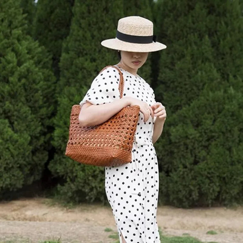 Cowhide Tote Bag Hand woven basket bag100% Genuine Leather Hollowed Woven Shoulder Bag Woven Inside Bag Vintage Shopping Bag