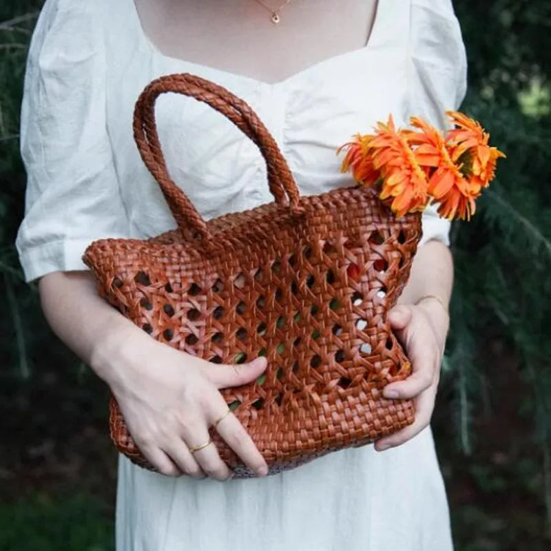 Cowhide Tote Bag Hand woven basket bag100% Genuine Leather Hollowed Woven Shoulder Bag Woven Inside Bag Vintage Shopping Bag