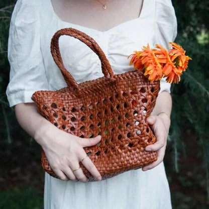 Cowhide Tote Bag Hand woven basket bag100% Genuine Leather Hollowed Woven Shoulder Bag Woven Inside Bag Vintage Shopping Bag