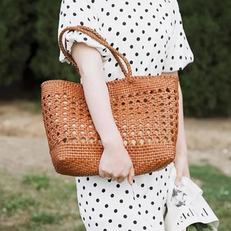 Cowhide Tote Bag Hand woven basket bag100% Genuine Leather Hollowed Woven Shoulder Bag Woven Inside Bag Vintage Shopping Bag