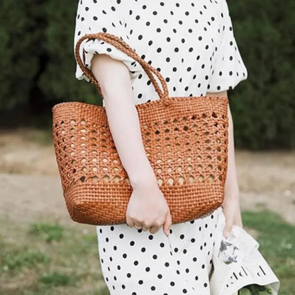 Cowhide Tote Bag Hand woven basket bag100% Genuine Leather Hollowed Woven Shoulder Bag Woven Inside Bag Vintage Shopping Bag
