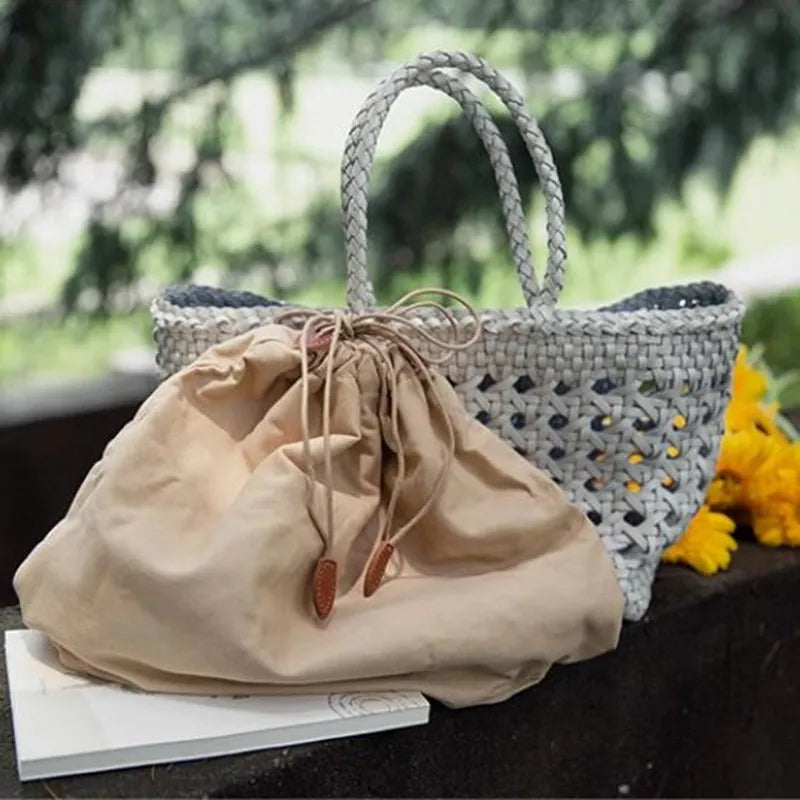 Cowhide Tote Bag Hand woven basket bag100% Genuine Leather Hollowed Woven Shoulder Bag Woven Inside Bag Vintage Shopping Bag