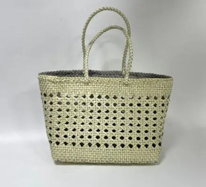 Cowhide Tote Bag Hand woven basket bag100% Genuine Leather Hollowed Woven Shoulder Bag Woven Inside Bag Vintage Shopping Bag