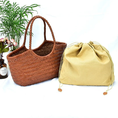 Cowhide Weave Handbags Fashion Hand Made Ladies Vegetable Basket Bag Casual Tote Simple Shopping Bags Female Bolsos Mujer