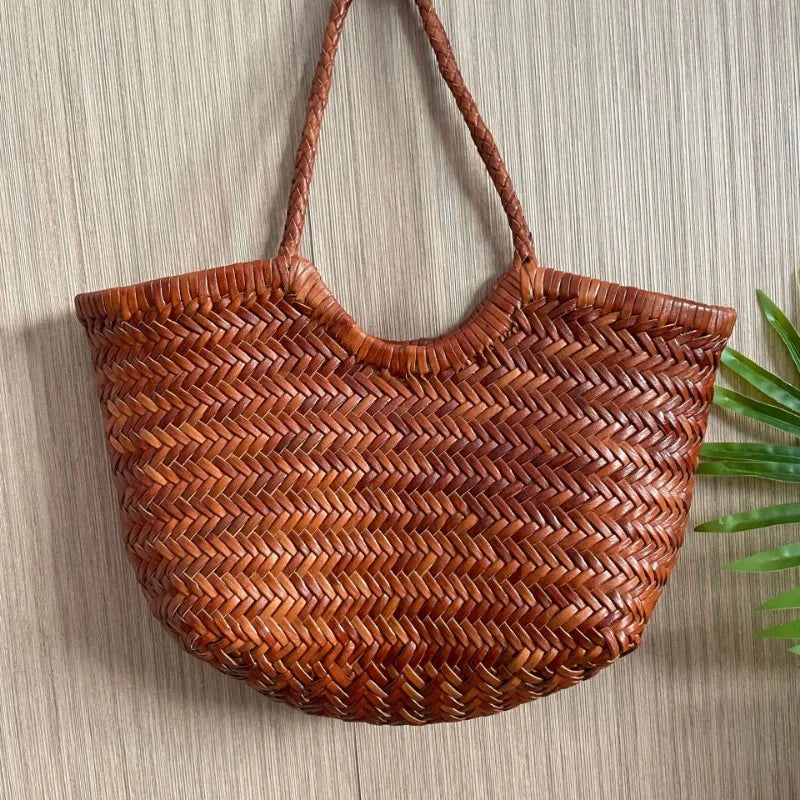 Cowhide Weave Handbags Fashion Hand Made Ladies Vegetable Basket Bag Casual Tote Simple Shopping Bags Female Bolsos Mujer