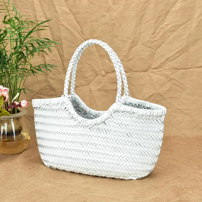 Cowhide Weave Handbags Fashion Hand Made Ladies Vegetable Basket Bag Casual Tote Simple Shopping Bags Female Bolsos Mujer