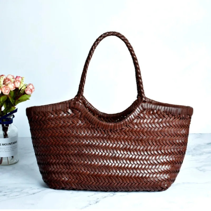 Cowhide Weave Handbags Fashion Hand Made Ladies Vegetable Basket Bag Casual Tote Simple Shopping Bags Female Bolsos Mujer