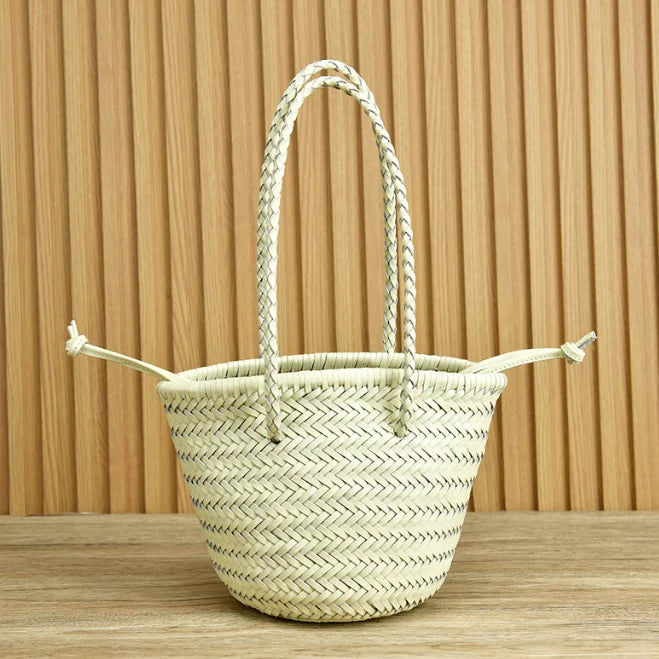 Cowhide hand-woven shoulder bag retro leather woven bucket bag Single shoulder vegetable basket bag female