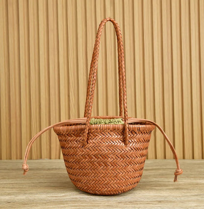 Cowhide hand-woven shoulder bag retro leather woven bucket bag Single shoulder vegetable basket bag female