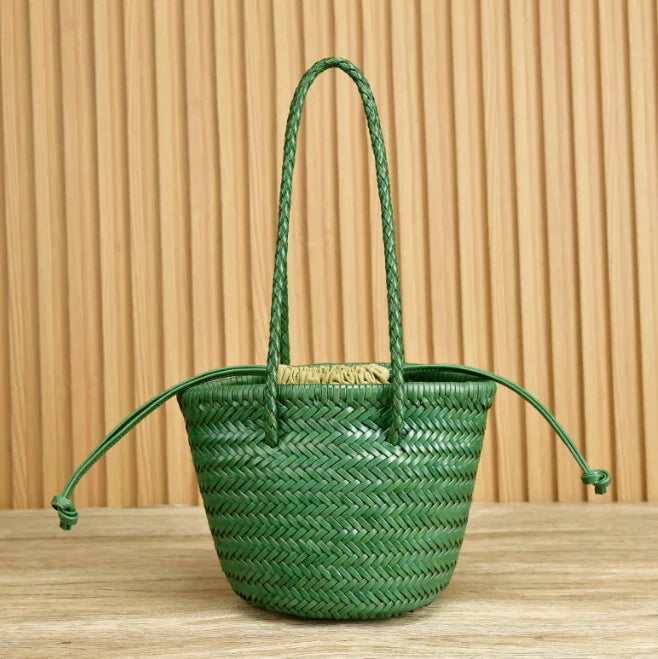 Cowhide hand-woven shoulder bag retro leather woven bucket bag Single shoulder vegetable basket bag female