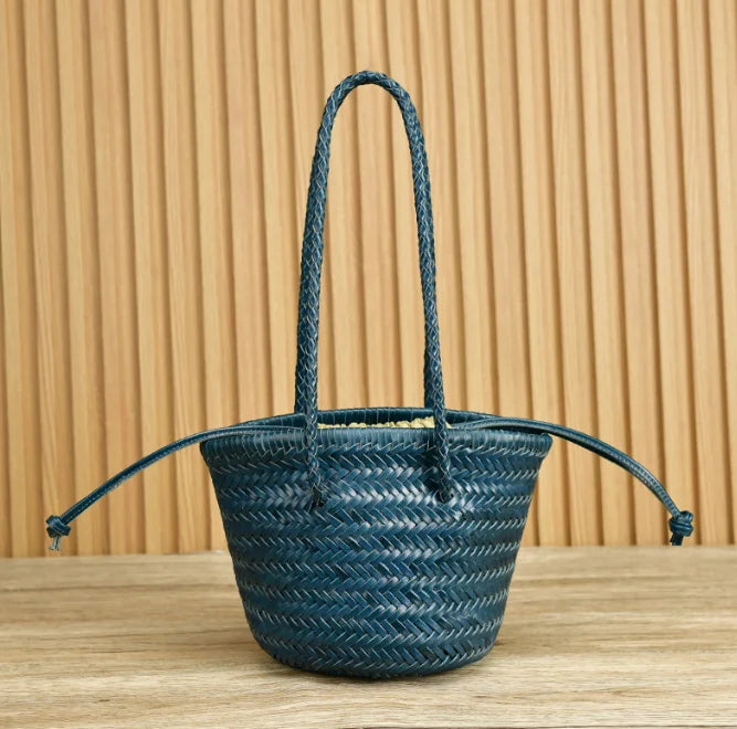 Cowhide hand-woven shoulder bag retro leather woven bucket bag Single shoulder vegetable basket bag female