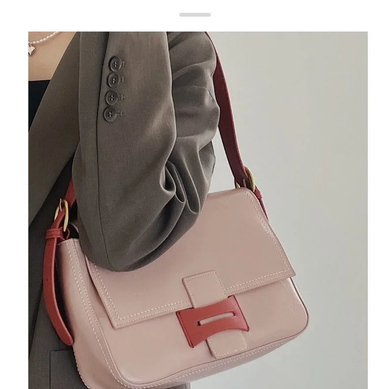 Cowhide small square bag 2024 new trendy women's contrasting color single shoulder crossbody commuting underarm bag tote