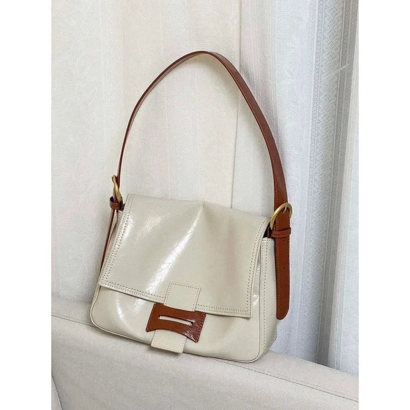 Cowhide small square bag 2024 new trendy women's contrasting color single shoulder crossbody commuting underarm bag tote