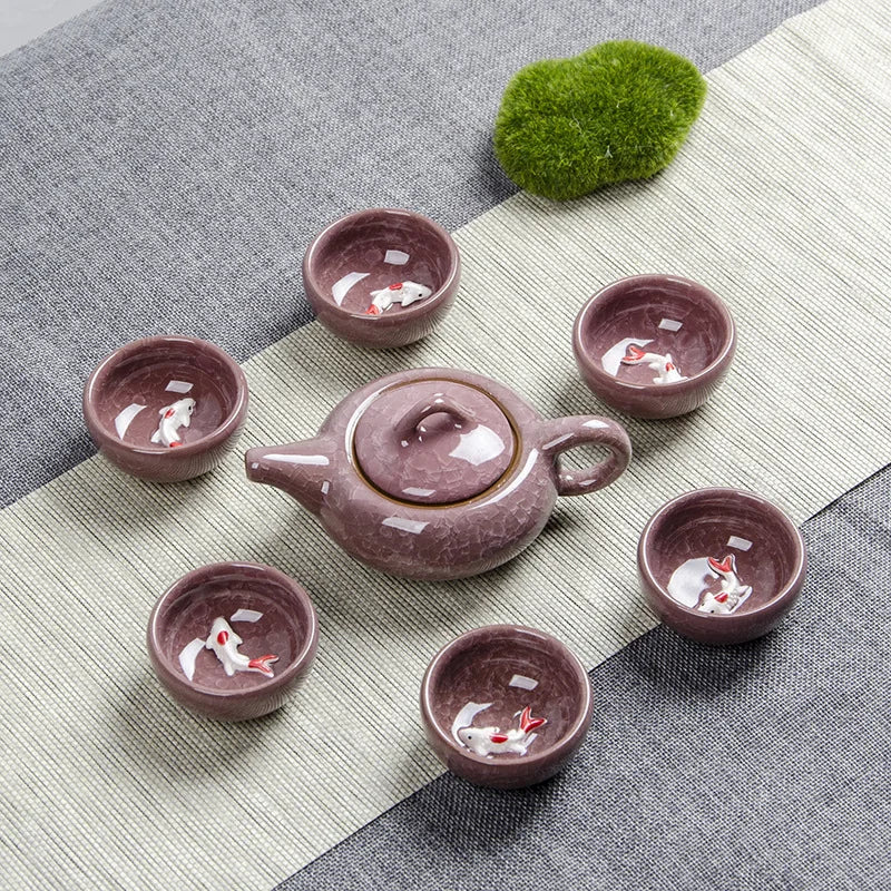 Crack glaze 3D fish Kung Fu Tea Set,Ceramic Tea Sets,TeaCup,ChineseTravel Teapot, Drinkware Coffee&Tea Sets , Binglie Teacup
