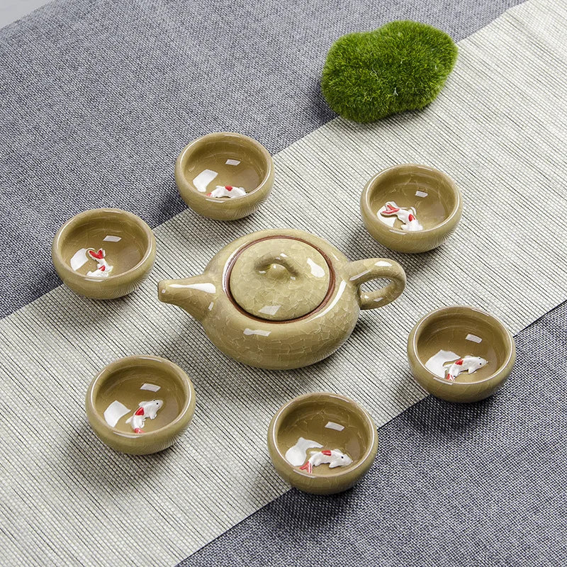 Crack glaze 3D fish Kung Fu Tea Set,Ceramic Tea Sets,TeaCup,ChineseTravel Teapot, Drinkware Coffee&Tea Sets , Binglie Teacup