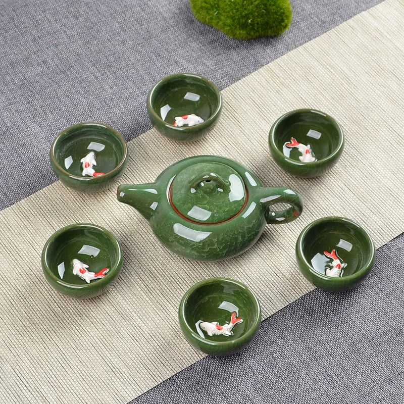 Crack glaze 3D fish Kung Fu Tea Set,Ceramic Tea Sets,TeaCup,ChineseTravel Teapot, Drinkware Coffee&Tea Sets , Binglie Teacup