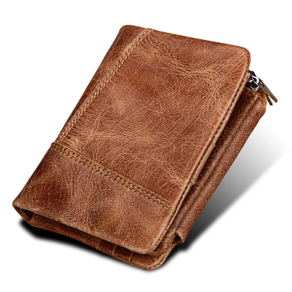 Crazy Horse Cowhide Men's / Genuine Leather Short Anti-RFID Stealing Zip Wallet for Men and Women