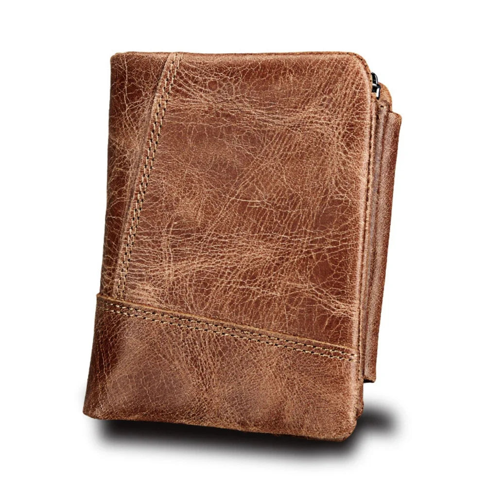 Crazy Horse Cowhide Men's / Genuine Leather Short Anti-RFID Stealing Zip Wallet for Men and Women